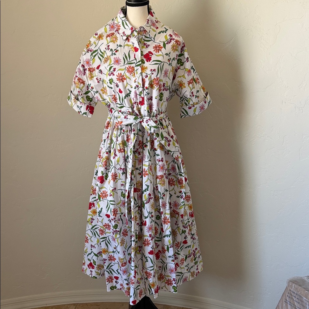 kate spade White Floral Midi Shirt Dress with Tie Waist
